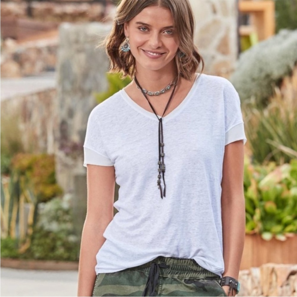 Sundance Perfect White Linen V Neck Silk Cap Sleeve Tee T-shirt XS